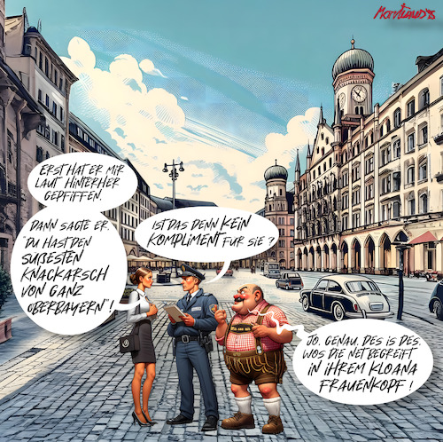 Cartoon: Catcalling in Bavaria ... (medium) by MorituruS tagged union,spd,bundestag,mädchen,frauen,beleidigung,justiz,gesetz,catcalling,sexismus,belästigung,obszöne,gesten,anzüglich,verhältnismäßigkeit,susanne,hierl,csu,rechtspolitische,sprecherin,unionsfraktion,sensibiliserung,strafbarkeit,cartoon,karikatur,moriturus
