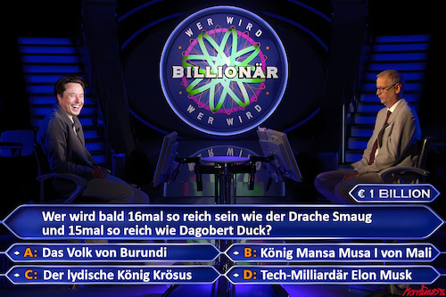 Cartoon: Die 1-Billion-Frage! (medium) by MorituruS tagged burundi,ärmstes,land,der,welt,reichster,mann,tesla,chef,elon,musk,aktionäre,vergütungspaket,eine,billion,us,dollar,roboter,vermögen,smaug,herr,ringe,dagobert,duck,walt,disney,comic,mansa,musa,könig,von,mali,kroesus,antike,cartoon,karikatur,moriturus