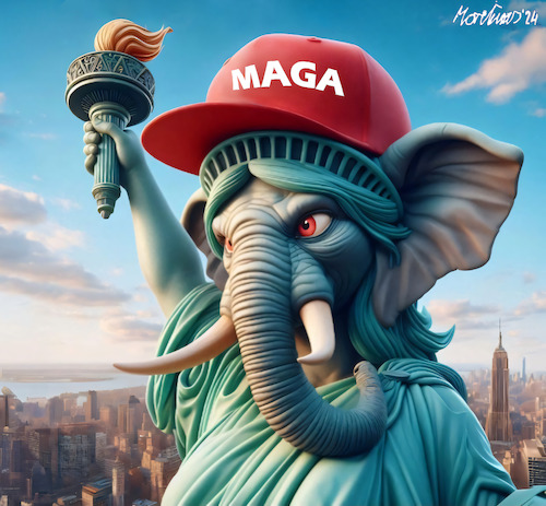 Cartoon: Lady Maga (medium) by MorituruS tagged lady,liberty,freiheitsstatue,freiheitssymbol,us,wahl,donald,trump,zweite,amtszeit,freiheit,demokratie,autokratie,beschädigung,justiz,lügen,verurteilter,straftäter,maga,make,america,great,again,cartoon,karikatur,moriturus