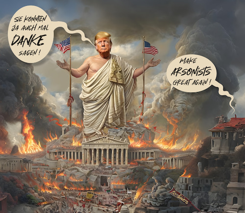 Cartoon: Lost from all good angels! (medium) by MorituruS tagged usa,donald,trump,migration,migranten,deportation,zurückweisung,grenze,dublin,europa,prosteste,aufstände,rebellion,los,angeles,gewalt,angeheizt,recht,und,ordnung,newsom,governeur,kalifornien,bürgermeisterin,föderalismus,nationalgarde,marine,einheiten,marines,inland,einsatz,niederschlagung,sicherheitsbehörden,eskalation,polizei,freiheit,demokratie,autokratie,beschädigung,justiz,acab,rechtspopulismus,cartoon,karikatur,moriturus