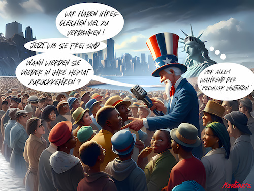Cartoon: Uncle Scam. The Pec. Institution (medium) by MorituruS tagged usa,donald,trump,uncle,sam,scam,staatliche,willkür,deportation,people,of,color,jd,vance,administration,el,salvador,guantanamo,rechtpopulisten,white,supremacy,cartoon,karikatur,moriturus