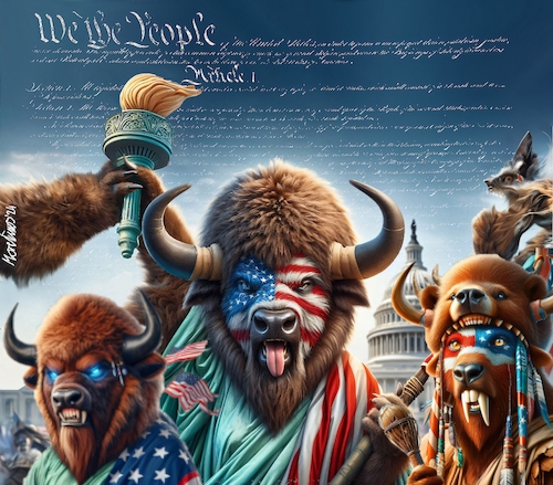 Cartoon: We the People (medium) by MorituruS tagged bisonmann,schamane,jake,angeli,buffalo,cap,sturm,auf,das,kapitol,kampagne,stop,the,steal,roger,stone,alex,jones,joshua,james,joe,biggs,matt,gates,donald,trump,supporter,loyalisten,proud,boys,oath,keeper,infowars,enrique,tarrio,durchregieren,republikaner,demokraten,beide,kammern,weißes,haus,präsident,parlament,senat,repräsentantenhaus,mehrheit,lady,liberty,freiheitsstatue,freiheitssymbol,us,wahl,zweite,amtszeit,freiheit,demokratie,autokratie,beschädigung,justiz,lügen,verurteilt,straftäter,maga,make,america,great,again,kulturelle,aneignung,indigene,bevölkerung,cultural,appropriation,cartoon,karikatur,moriturus