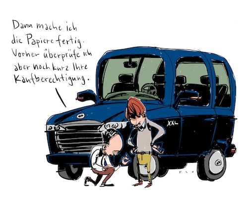 Cartoon: Papiere fertig (medium) by F L O tagged auto,suv,abgase,auto,suv,abgase,mann