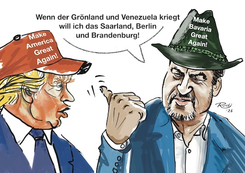 Cartoon: Größenwahn 26 (medium) by Rudissketchbook tagged trump,venezuela,grönland,söder,bayern,größenwahn,berlin,saarland,brandenburg