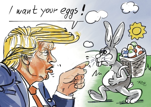 Cartoon: I want your eggs! (medium) by Rudissketchbook tagged eier,eierkrise,trump,amerika,grönland,kanada,großmachtphantasien,vance,golf,von,mexico