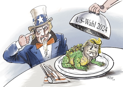 Cartoon: US-Wahl 2024 (medium) by Rudissketchbook tagged usa,wahl,2024,präsident,donald,trump,biden,uncle,sam,kröte,schlucken,präsidentschaftswahl,repuplikaner