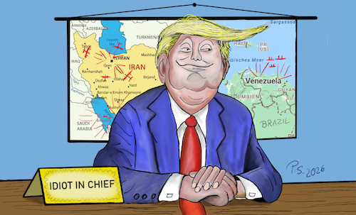 Cartoon: Der Oberbefehlshaber (medium) by SchmidtFineArt tagged trump,krieg,krise,kunst,politik,präsident,putin,iran,russland,illustration,humor,cartoon,karikatur,usa,wirtschaft
