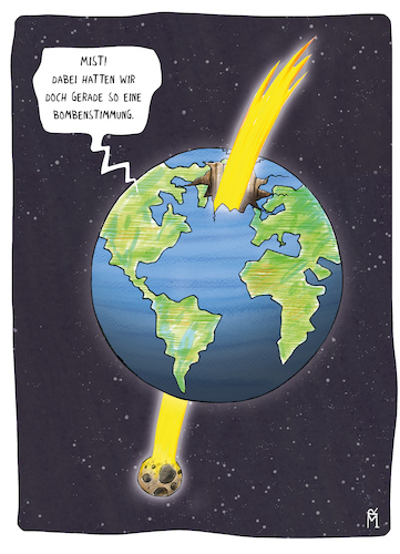 Cartoon: Bombenstimmung (medium) by Rebecca-Meyer tagged bombenstimmung,komet,weltkugel,welt,erde,apokalypse,einschlag,zerstörung,chaos,feuerball,schock,ironie,schwarzerhumor,endzeit,rauch,trümmer,überlebender,sprechblase,menschheit,verzweiflung,sarkasmus,katastrophe,weltraum,untergang,stille,asche,panik,absurdität,tragik,explosion,ruinen,hoffnungslosigkeit,nachhall,bombenstimmung,komet,weltkugel,welt,erde,apokalypse,einschlag,zerstörung,chaos,feuerball,schock,ironie,schwarzerhumor,endzeit,rauch,trümmer,überlebender,sprechblase,menschheit,verzweiflung,sarkasmus,katastrophe,weltraum,untergang,stille,asche,panik,absurdität,tragik,explosion,ruinen,hoffnungslosigkeit,nachhall