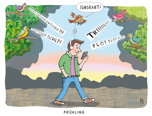 Cartoon: Frühling (medium) by Rebecca-Meyer tagged frühling,cartoon,mann,kopfhörer,smartphone,vögel,zwitschern,baum,natur,ignorieren,vogel,zielt,vogelkot,humor,alltagsszene,draußen,abgelenkt,umwelt,witzig,pointe,modern,kommunikation,naturgeräusche,überhören,aufmerksam,vs,abwesend,park,szene,satirisch,lustig,zeichnung,frühling,cartoon,mann,kopfhörer,smartphone,vögel,zwitschern,baum,natur,ignorieren,vogel,zielt,vogelkot,humor,alltagsszene,draußen,abgelenkt,umwelt,witzig,pointe,modern,kommunikation,naturgeräusche,überhören,aufmerksam,vs,abwesend,park,szene,satirisch,lustig,zeichnung
