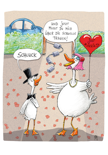Cartoon: Heiraten (medium) by Rebecca-Meyer tagged gänse,hochzeit,über,schwelle,tragen,dick,und,dünn,gänse,hochzeit,über,schwelle,tragen,dick,und,dünn