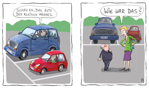 Cartoon: Napoleon-Komplex (medium) by Rebecca-Meyer tagged kleiner,mann,auto,frau,suv,kleinwagen,parkplatz,dialog,spott,statussymbols,bröckelt,fetisch,gewinn,verzicht,mentalität,kartenspiele,zweckgegenstand,ps,verbrennungsmotoren,system,kleiner,mann,auto,frau,suv,kleinwagen,parkplatz,dialog,spott,statussymbols,bröckelt,fetisch,gewinn,verzicht,mentalität,kartenspiele,zweckgegenstand,ps,verbrennungsmotoren,system