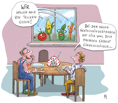 Cartoon: Gentechnik (medium) by Rebecca-Meyer tagged gentechnik,crispr,genomediting,erbgut,technischen,durchbruch,immunantwort,von,bakterien,gegen,viren,editierten,produkten,gentechnisch,veränderte,pflanzen,biotechnologiemolekülkomplex,gemüse,bauer,synthetisch,biologie,naturschutz,supersorten,lobby,gentechnik,crispr,genomediting,erbgut,technischen,durchbruch,immunantwort,bakterien,gegen,viren,editierten,produkten,gentechnisch,veränderte,pflanzen,biotechnologiemolekülkomplex,gemüse,bauer,synthetisch,biologie,naturschutz,supersorten,lobby