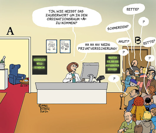 Cartoon: Das Zauberwort (medium) by Karl Berger tagged gesundheitswesen,arzt,patienten,wartezeit,zweiklassenmedizin,kassenärzte,fachärztemangel