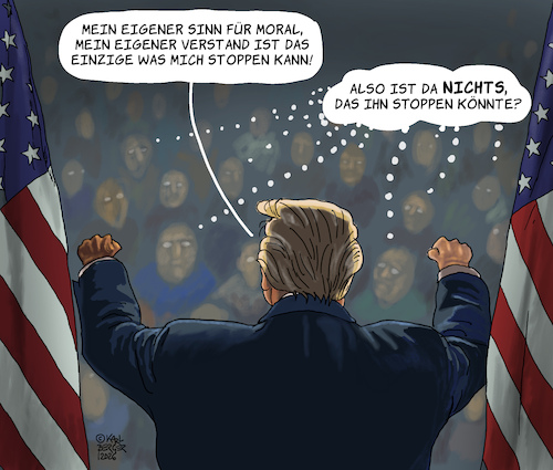 Cartoon: Die eigene Moral (medium) by Karl Berger tagged trump,imperialismus,moral,verstand,selbstübersschätzung,größenwahn,trump,imperialismus,moral,verstand,selbstübersschätzung,größenwahn