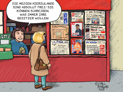 Cartoon: Medienfreiheit (medium) by Karl Berger tagged medien,zeitungen,kiosk,freiheit,herrschaft,medien,zeitungen,kiosk,freiheit,herrschaft