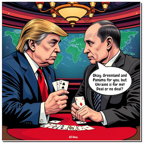 Cartoon: Bluff or all in (medium) by A Human tagged trump,putin,war,ukraine,panama,grönland,greenland,poker,nbc,rückgewinnung,annexion,republikaner,nato,rutte,president,reclamation,trump,putin,war,ukraine,panama,grönland,greenland,poker,nbc,rückgewinnung,annexion,republikaner,nato,rutte,president,reclamation