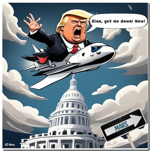 Cartoon: Bromance (medium) by A Human tagged musk,trump,bondi,gaetz,demokraten,republikaner,politik,spacex,starship,influencer,drogen,whitehouse,washington,präsident,musk,trump,bondi,gaetz,demokraten,republikaner,politik,spacex,starship,influencer,sex,drogen,whitehouse,washington,präsident