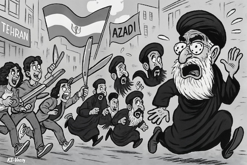Cartoon: Der Bart ist ab (medium) by KI-Vossy tagged iran,theran,moskau,russland,khamenei,demonstrationen,protest,proteste,regime,demonstranten,flucht,flüchten,trump,internet,ayatollah,mullah,mullahs,iran,theran,moskau,russland,khamenei,demonstrationen,protest,proteste,regime,demonstranten,flucht,flüchten,trump,internet