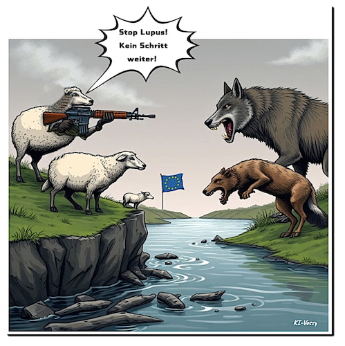 Cartoon: Der Problemwolf (medium) by A Human tagged wolf,wölfe,tierschutz,eu,deutschland,abschuss,wwf,schafe,nutztiere,geschützt,europa,flinte,lupus,wolf,wölfe,tierschutz,eu,deutschland,abschuss,wwf,schafe,nutztiere,geschützt,europa,flinte