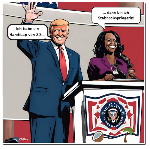 Cartoon: Harris vs Trump (medium) by A Human tagged trump,harris,usa,wahlen,handicap,demokraten,democrats,republikaner,republicans,golf,stabhochsprung