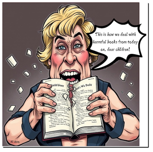 Cartoon: Tears for books (medium) by A Human tagged trump,usa,education,wrestler,mcmahon,billionaire,politics,cabinet,linda,donald,trump,usa,education,wrestler,mcmahon,billionaire,politics,cabinet