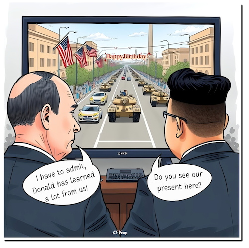 Cartoon: Trumps B-day (medium) by A Human tagged militärparade,washington,soldaten,panzer,parade,geburtstag,trump,usa,jubiläum,armee,friedensnobelpreis,soldiers,tanks,helicopters,birthday,party,army,putin,russia,korea,militärparade,washington,soldaten,panzer,parade,geburtstag,trump,usa,jubiläum,armee,friedensnobelpreis,soldiers,tanks,helicopters,birthday,party,army,putin,russia,korea