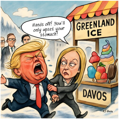Cartoon: Eissucht (medium) by KI-Vossy tagged italy,italian,italien,prime,minister,meloni,trump,usa,president,potus,greenland,dispute,anexxion,tariff,threats,tariffs,war,escalation,gernany,eu,europe,european,countries,ministerpräsidentin,streit,grönland,dänemark,denmark,europa,präsident,zoll,zölle,zolldrohungen,zollkrieg,inflation,deutschlan,eskalation,italy,italian,italien,prime,minister,meloni,trump,usa,president,potus,greenland,dispute,anexxion,tariff,threats,tariffs,war,escalation,gernany,eu,europe,european,countries,ministerpräsidentin,streit,grönland,dänemark,denmark,europa,präsident,zoll,zölle,zolldrohungen,zollkrieg,inflation,deutschlan,eskalation