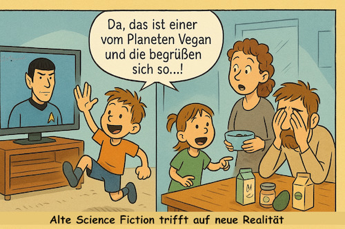 Cartoon: 1967 vs 2025 (medium) by ArtyFicial tagged star,treck,raumschiff,enterprise,spock,kirk,pille,öko,vulkan,vegan,1967,2025,science,fiction,realität,tv,serie,kult