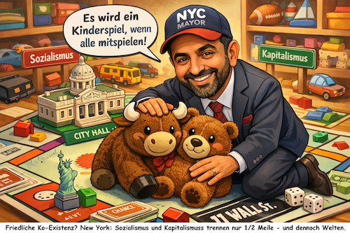 Cartoon: Bei Allah (medium) by ArtyFicial tagged usa,new,york,city,nyc,hall,wall,street,nyse,börse,sozialismus,kapitalismus,islam,koran,amtseinführung,jüngster,bürgermeister