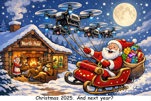 Cartoon: Christmas 2025 (medium) by ArtyFicial tagged christmas,2025,santa,claus,sledge,reindeers,ai,drones