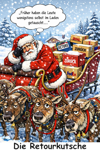 Cartoon: Die Retourkutsche (medium) by ArtyFicial tagged falsche,geschenke,retoure,rückgabe,weihnachtsgeschenke,weihnachtsmann,müde,erschöpft,rentiere,schlitten