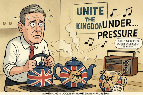 Es brodelt (medium) Cartoon: Es brodelt (medium) by ArtyFicial tagged uk,gb,united,kingdom,großbritannien,vereinigtes,königreich,england,regierung,starmer,labour,migration,demo,unite,the,under,pressure,tee,indien,einwanderung,druck,kessel,teekessel,küche