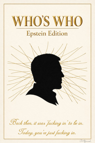 Cartoon: GUILT BY ASSOCIATION (medium) by ArtyFicial tagged usa,scandal,epstein,files,edition,who,is,in,out,fear,angst,crime,minor,minors,vip,prominent,notorious,elite