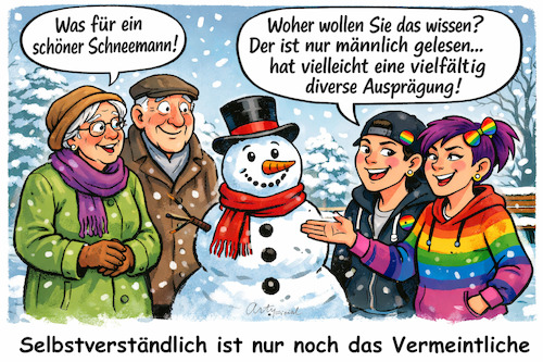 Cartoon: Heutzutage (medium) by ArtyFicial tagged schneemann,divers,lbtq,mann,frau,teenager,generationen,woke,überraschung,winter