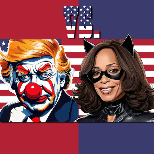 Cartoon: Joker Trump VS Cat Harris (medium) by ArtyFicial tagged trump,harris,joker,cat,catwoman,usa,wahlkampf,präsidentschaft,republikaner,demokraten