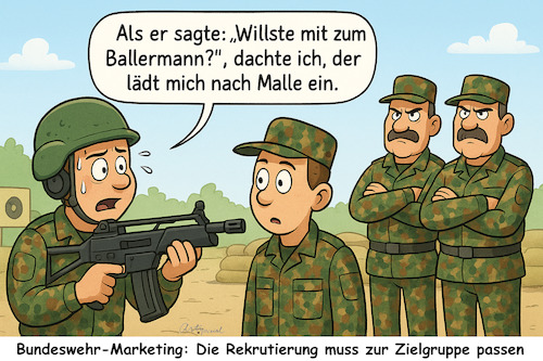 Cartoon: Neuer Wehrdienst zum Schießen (medium) by ArtyFicial tagged wehrdienst,wehrdienstreform,überfällig,g36,ballermann,mallorca,anwerber,anwerben,schießen,ausbildung,grundausbildung,soldaten,kameraden,unteroffiziere,mannschaften,dienstgrade,offiziere,schießbahn,grundi,täuschung,shanghai,shanghaien