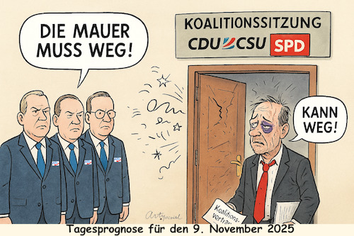 Cartoon: Schicksalstag der Deutschen (medium) by ArtyFicial tagged mauer,weg,brandmauer,afd,cdu,csu,spd,koalition,scheitern,krise,merz,klingbeil,schicksalstag,november