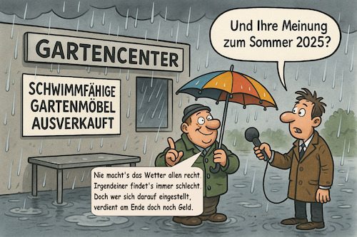 Cartoon: Sommer 2025 (medium) by ArtyFicial tagged sommer,2025,regen,klima,klimawandel,klimakrise,trockenheit,hochsommer