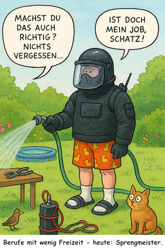 Cartoon: Sommeridylle (medium) by ArtyFicial tagged sommer,garten,idylle,sommeridylle,frau,mann,heim,glück,rasen,sprengen,sprengmeister,explosion,absurd,absurdität,freizeit,job,urlaub