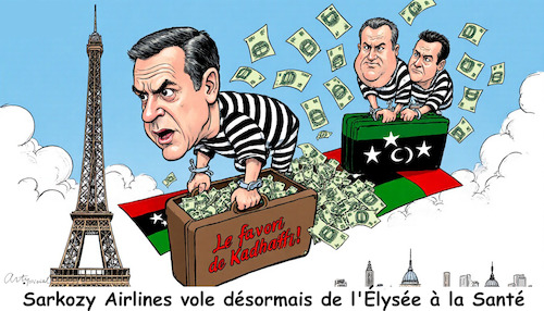 Cartoon: Super Sarko (medium) by ArtyFicial tagged france,libye,sarkozy,kadhafi,prison,la,sante,paris,pots,de,vin,corruption,campagne,electorale