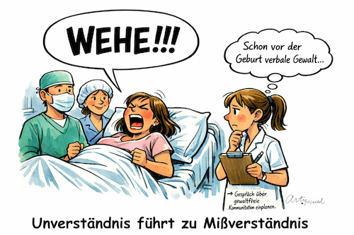 Cartoon: WEHE! (medium) by ArtyFicial tagged wehe,geburt,krankenhaus,kreißsaal,werdende,mutter,lernschwester,krankenschwester,arzt,kommunikation,verbale,gewalt,mißverständnis,unverständnis