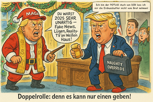 Cartoon: Weihnachtsmann gesucht (medium) by ArtyFicial tagged trump,weihnachtsmann,santa,claus,doppelrolle,rute,atomkoffer