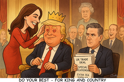 Welcome to London Mr President (medium) Cartoon: Welcome to London Mr President (medium) by ArtyFicial tagged usa,uk,gb,trump,kate,charles,king,könig,royals,staatsbesuch,ehre,spaß,charme,honour,fun,deal