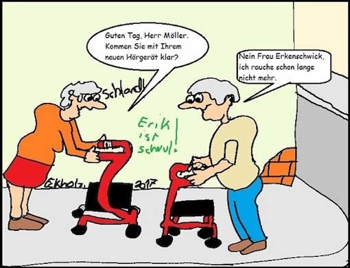 Cartoon: Das neue Hörgerät... (medium) by SMK tagged hörgerät,schwerhörigkeit,hörverlust,schallempfindungsstörung,mann,frau,oma,opa,rentner,senioren