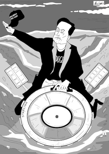 Cartoon: Dr Strangelove (medium) by Nicocomix tagged dr,strangelove,elon,musk,trump,putin,zelensky,europe,union,russia,ukraina,america,usa,ue,starlink,xspace,satellites,space,tesla