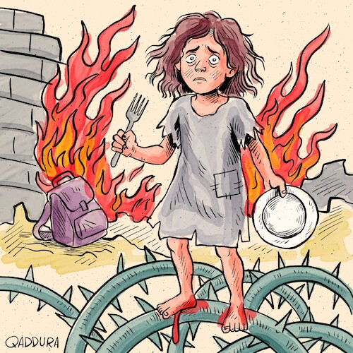 Cartoon: Starvation. Genocide. Pain (medium) by Ahmad Qaddura tagged gaza