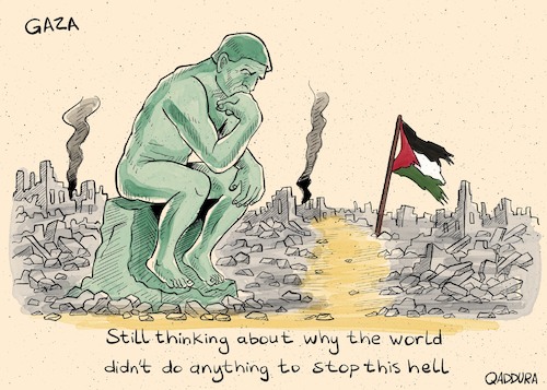 Cartoon: Still thinking about.... (medium) by Ahmad Qaddura tagged gaza