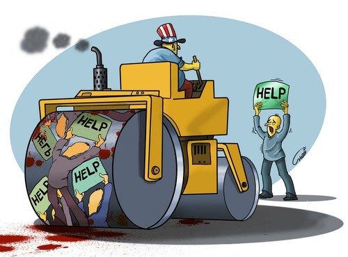 Cartoon: help from the ruthless (medium) by abbas goodarzi tagged usa,american,men,roller,squish,peace,help,uncle,sam,machine