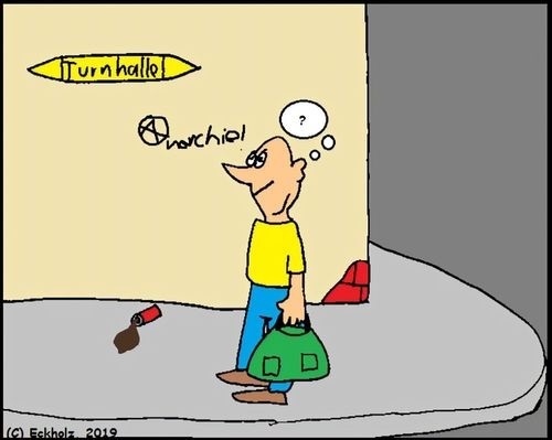 Cartoon: Wegweiser... (medium) by Kritzeltonne tagged verwirrung,wegweiser,turnhalle,mann,sport,gesellschaft,irreführung,ziellosigkeit