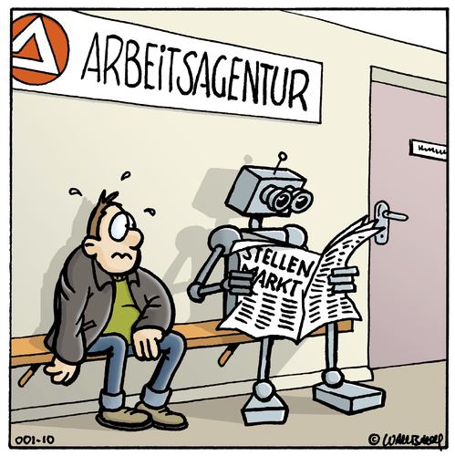 Cartoon: Eines Tages im Arbeitsamt (medium) by Rovey tagged arbeitsagentur,arbeitslos,zukunft,science,fiction,roboter,arbeitswelt,arbeitssuchend,stellenmarkt,arbeitskraft,bundesagentur,arbeitslosigkeit,sorge,future,work,arbeitsvermittlung,ki,ai,künstliche,intelligenz